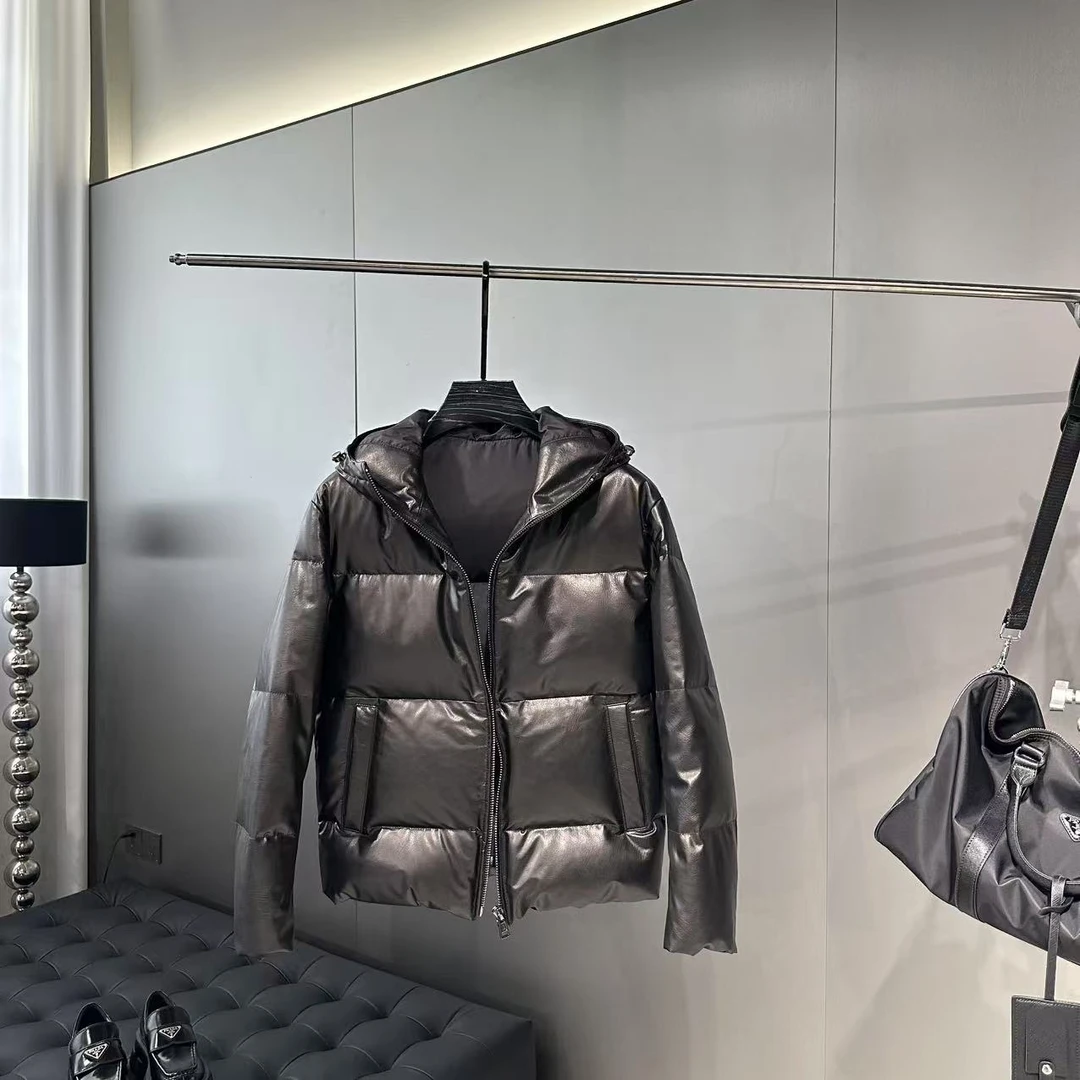 简约休闲 進口胎牛皮羽绒服连帽短款男士鹅绒服皮衣外套