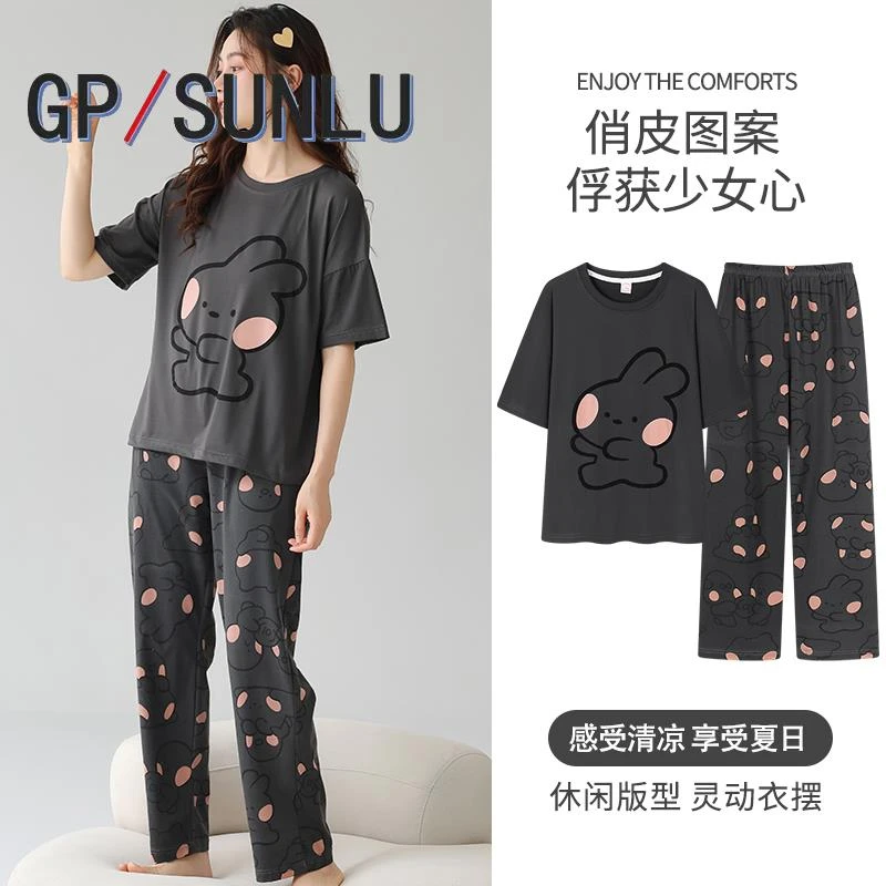 日本小众GP加肥特大码睡衣女棉质夏季短袖长裤胖MM200斤240斤6XL