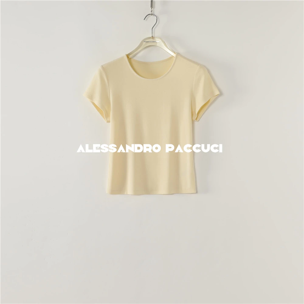 AP洛哥53127TT山羊绒+绵羊毛圆领短袖混纺休闲百搭多色短T恤