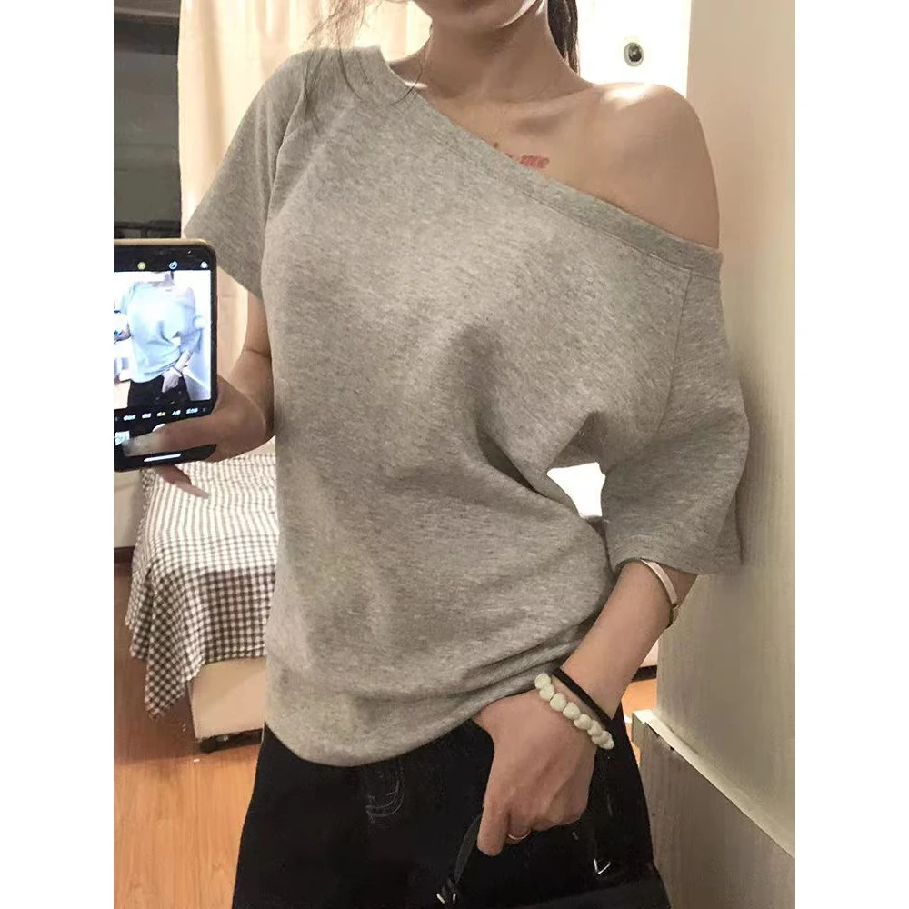 美式辣妹斜领短袖t恤女夏季2025新款宽松设计感小众一字肩上衣服