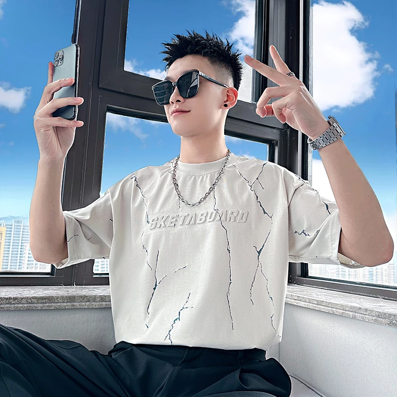 钢印字母t恤男短袖夏季圆领半袖上衣2025新款高级感男装休闲体恤