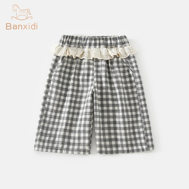 班喜迪女童裤子夏新款洋气宝宝直筒阔腿裤夏季儿童薄款格子七分裤