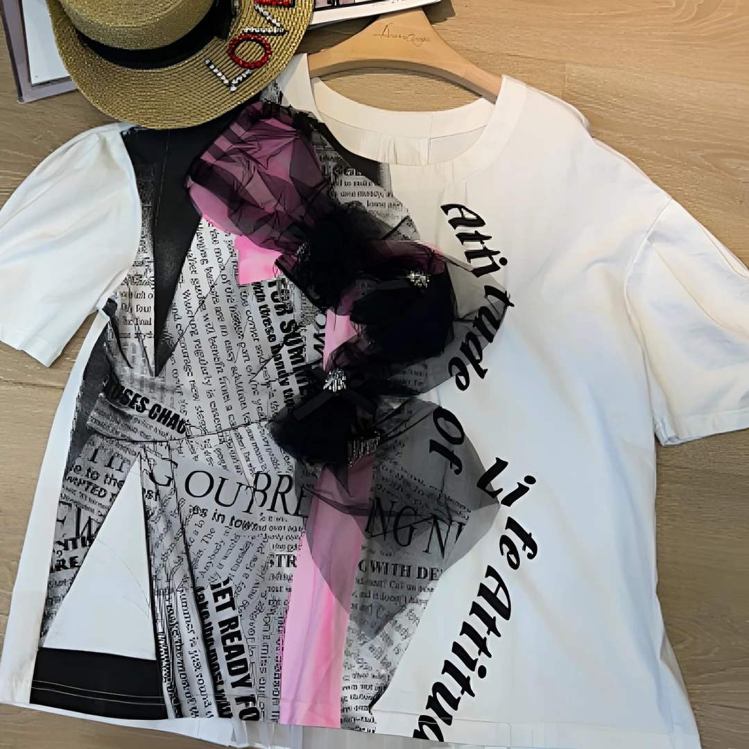 AttinaLife原创重工花朵绣花撞色设计感T25夏