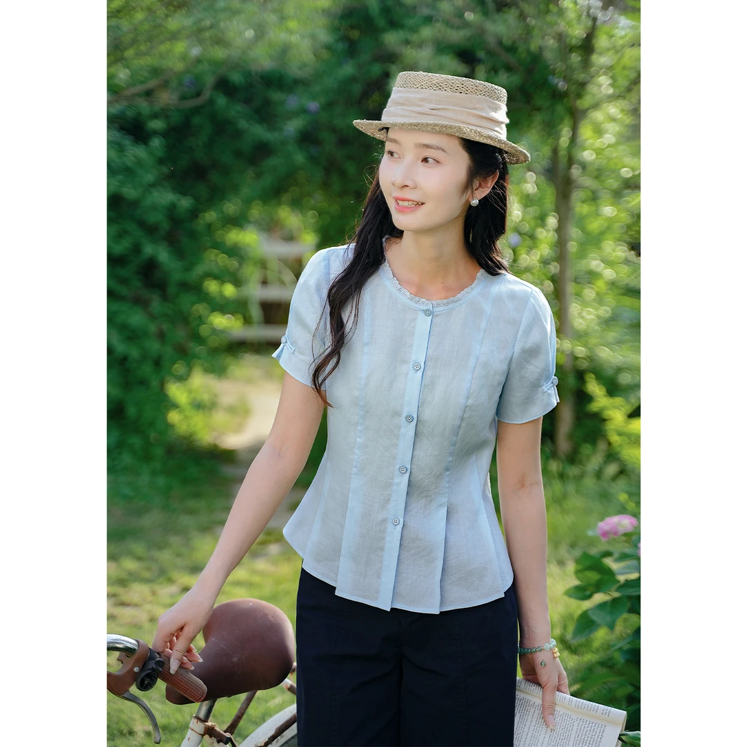 红念原创蓝色天丝苎麻衬衫女短袖修身显瘦夏季2025年新款气质上衣