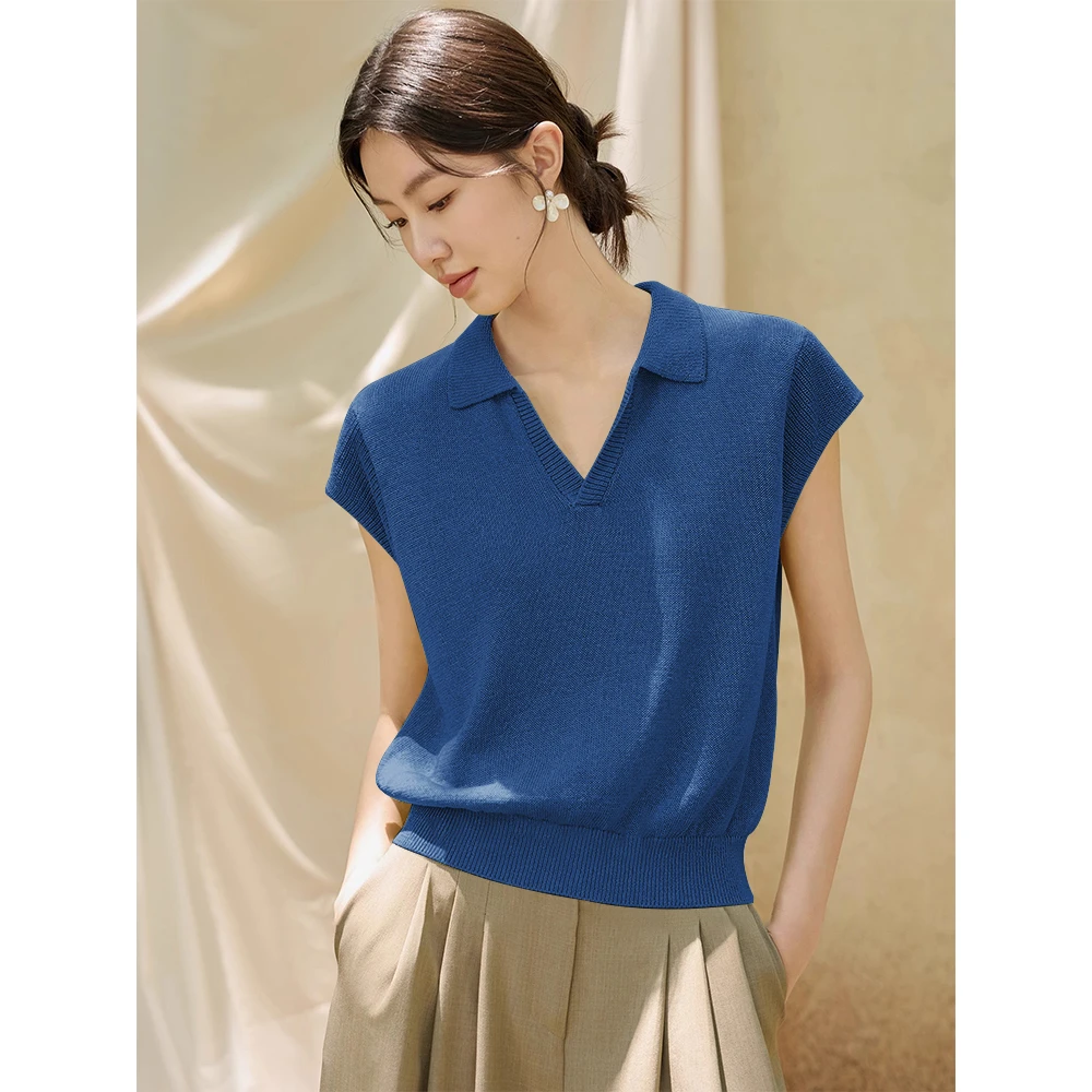 法式高级感蓝色Polo领针织短袖女夏季薄款冰丝翻领t恤小飞袖上衣