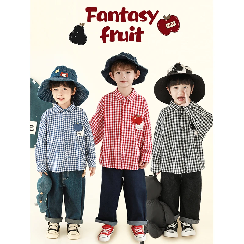 【25年春一波】原创设计男童宝宝水果贴布绣 文艺范格子衬衫N5764