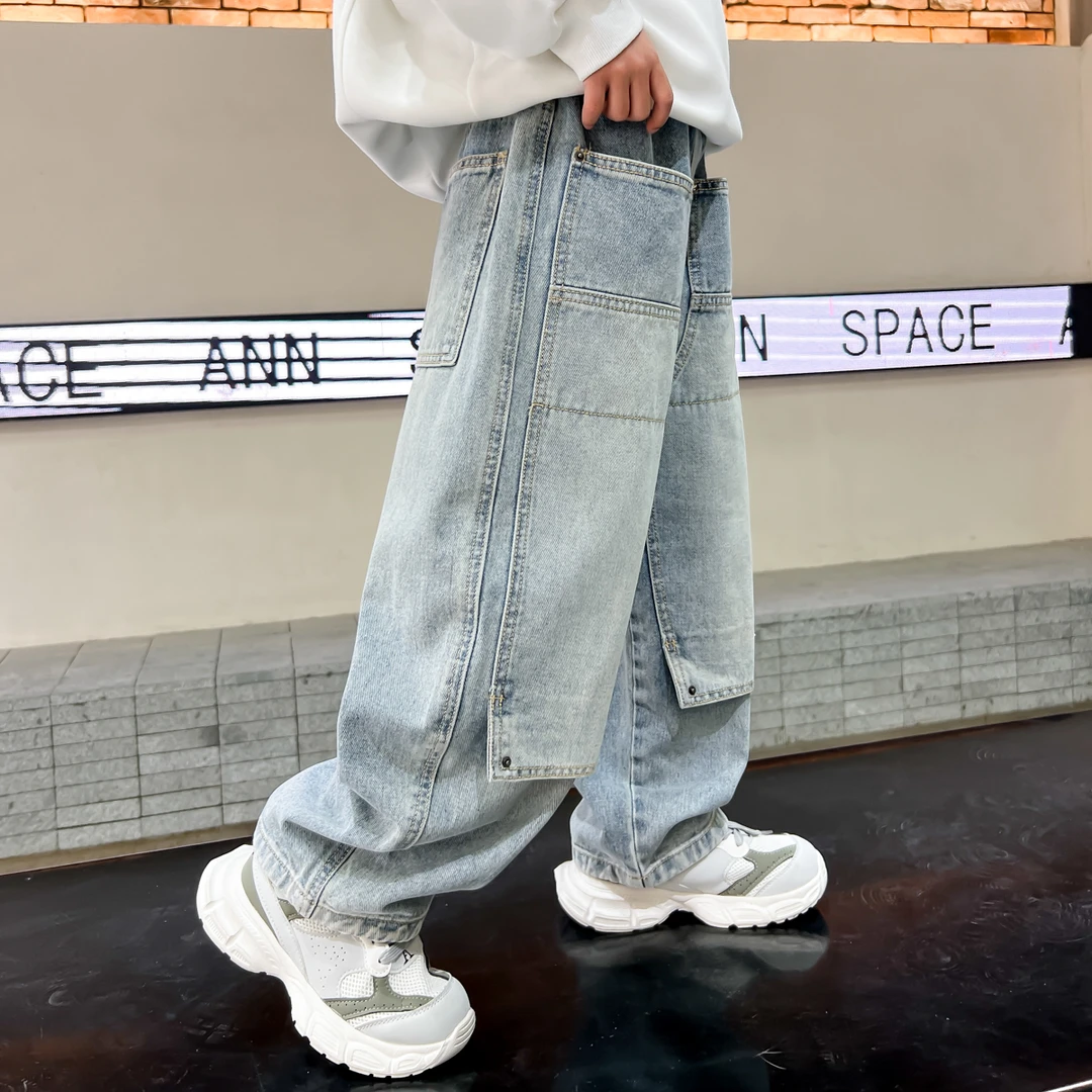男童牛仔裤春秋款直筒宽松潮酷痞帅2025新款中大童男孩阔腿休闲裤