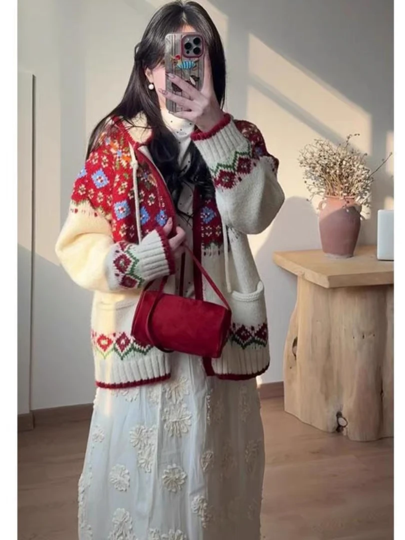 冬季秋季连帽毛针织衫上衣加厚复古民族风秋冬宽松女装