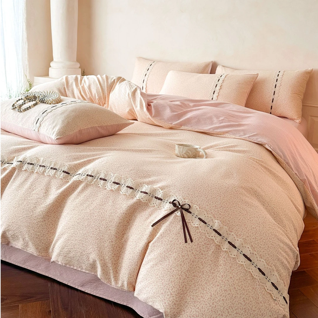 轻奢公主风亚麻双层纱四件套蕾丝织带被套床单学生宿舍床上三件套