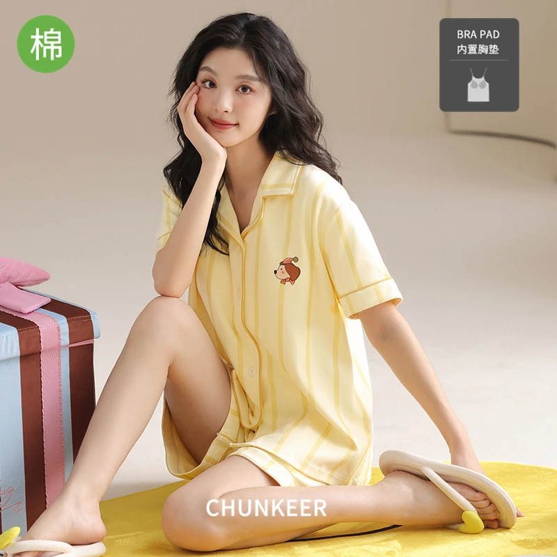 淳可儿带胸垫新款纯棉睡衣女款夏季短袖短裤套装开衫全棉休闲薄款