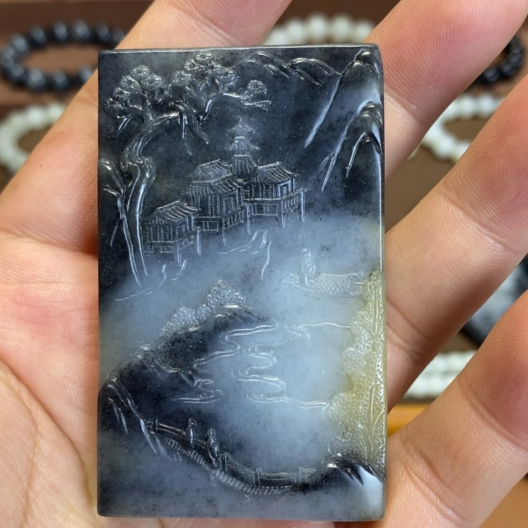 和田玉未镶嵌挂件新疆和田玉青花三色山水挂件牌子