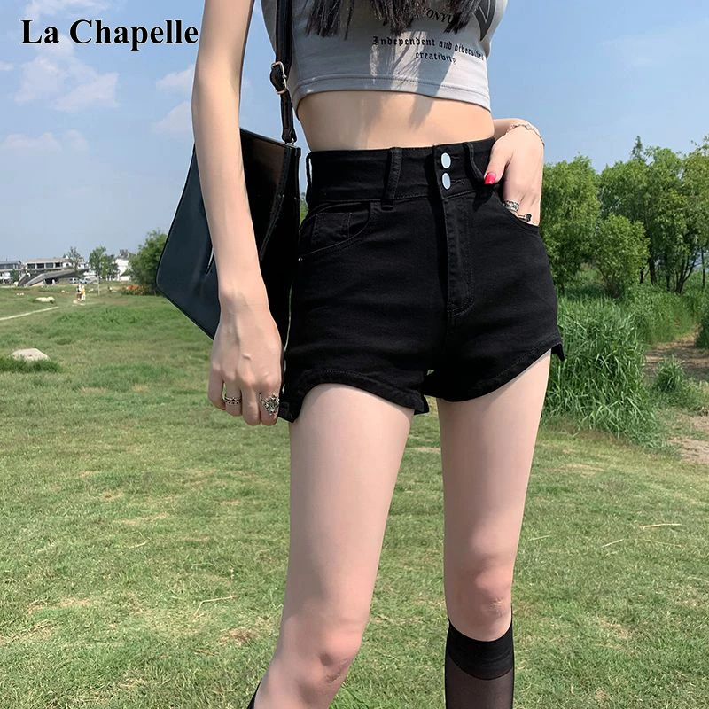 拉夏贝尔黑色牛仔短裤女夏季新款高腰显瘦弹力修身小个子辣妹裤子