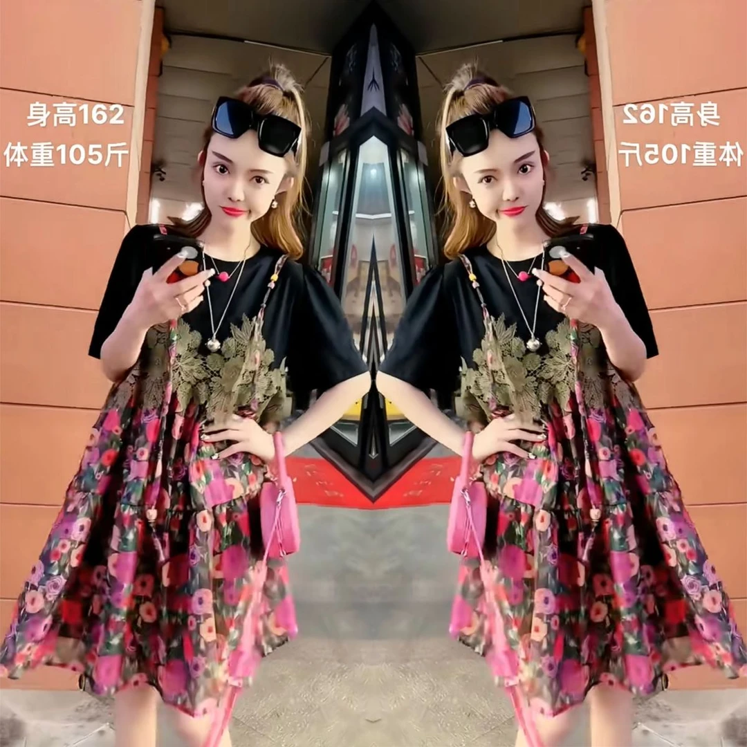 设计感网红爆款女装2023年夏季新款气质宽松显瘦短袖拼接款连衣裙