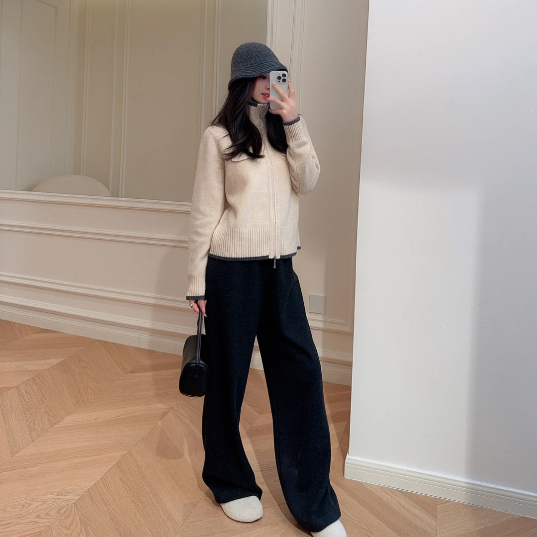 嫚渡2026秋冬新款时尚高腰气质显瘦百搭羊绒混纺直筒高腰休闲裤