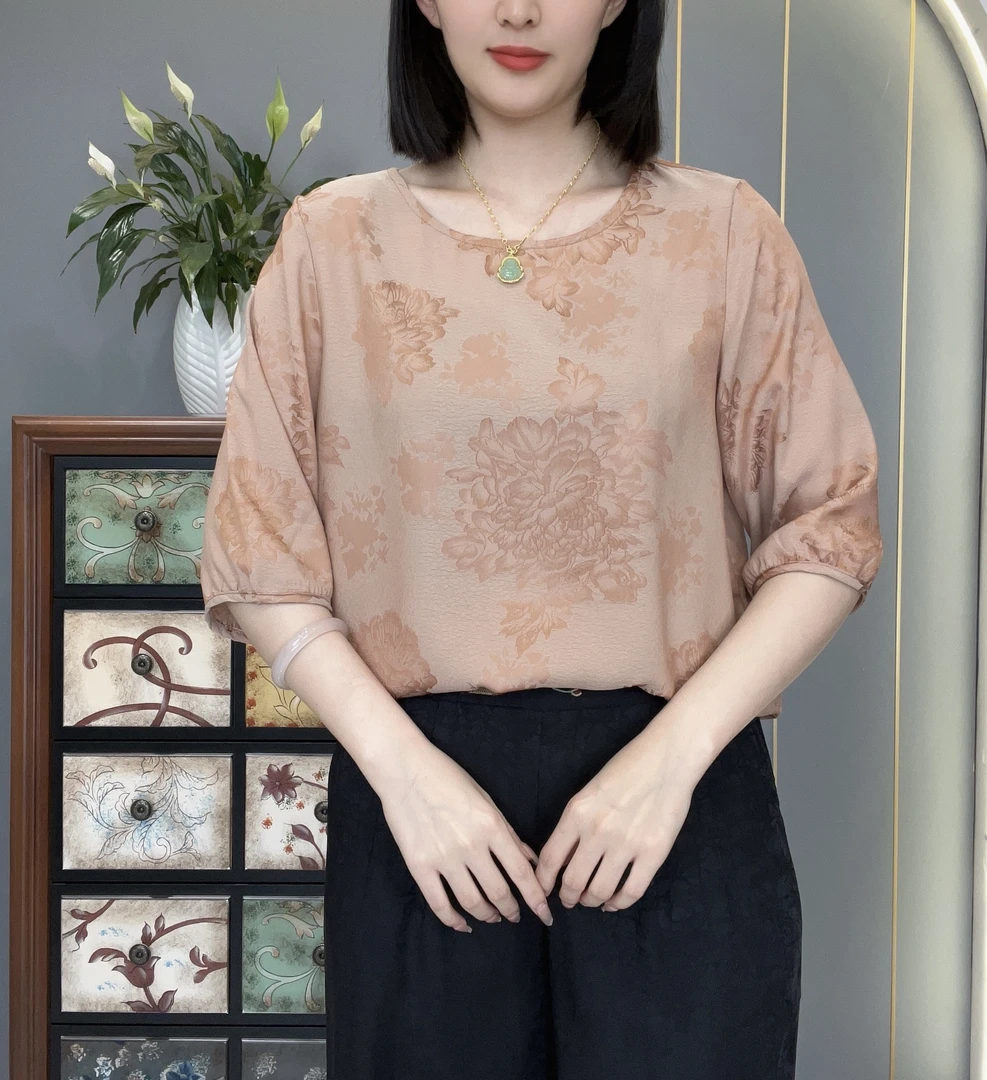 粉妆玉琢2025夏季新款圆领半袖亲肤百搭中老年妈妈装女上衣