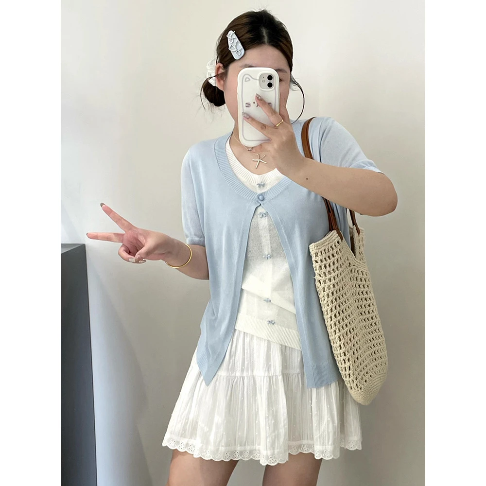 大码女装撞色假两件上衣女2025夏款胖mm宽松短袖圆领针织衫23013