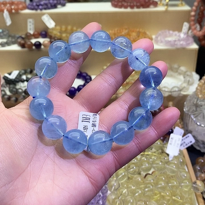 合成(培育)蓝宝石手链足金镶嵌海蓝宝15+