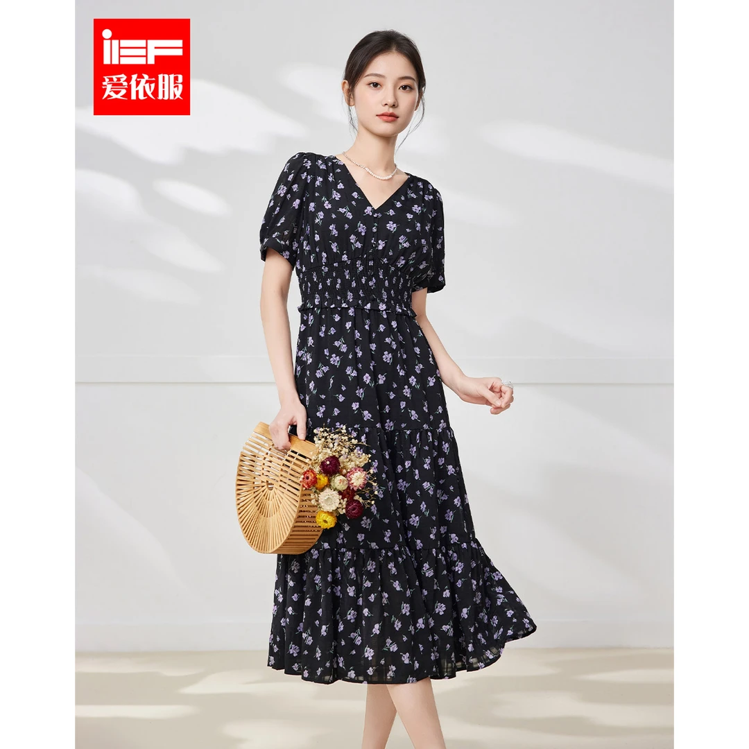 IEF/爱依服连衣裙2025夏季新款法式成熟优雅气质碎花收腰连衣长裙