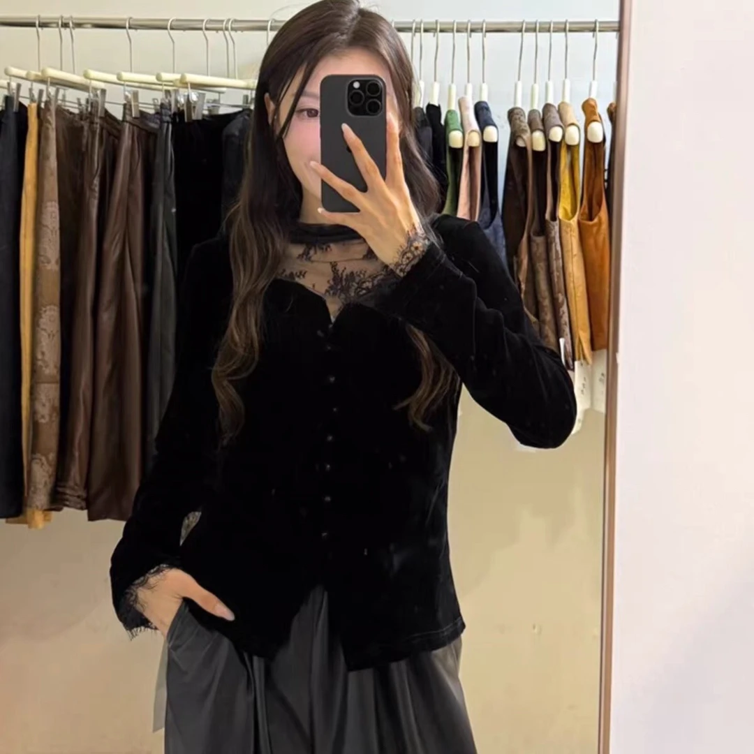 蕾丝拼接丝绒T恤女2025秋季新款新中式国风打底衫上衣女