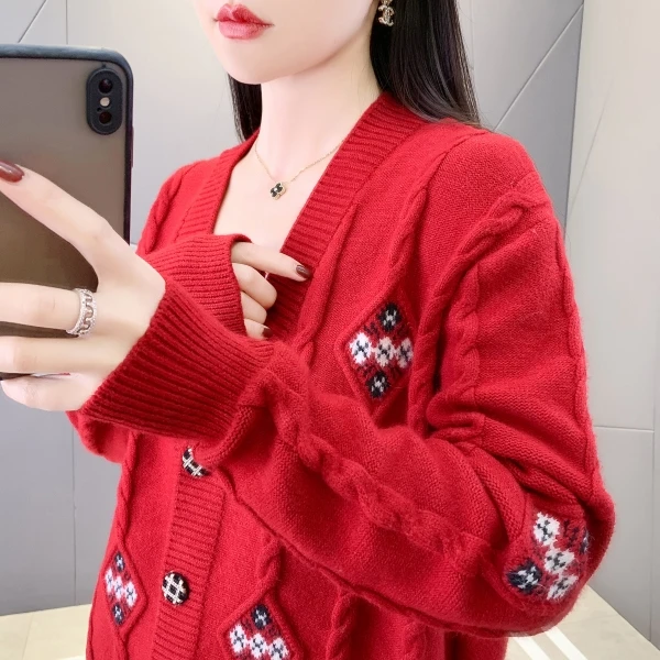 小香风加厚麻花V领针织开衫秋冬韩版提花气质宽松毛衣外套