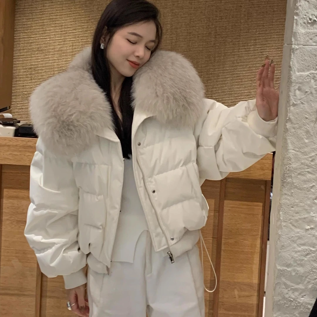 真狐狸毛领白鸭绒羽绒服女短款韩版宽松加厚夹克2025新冬季外套