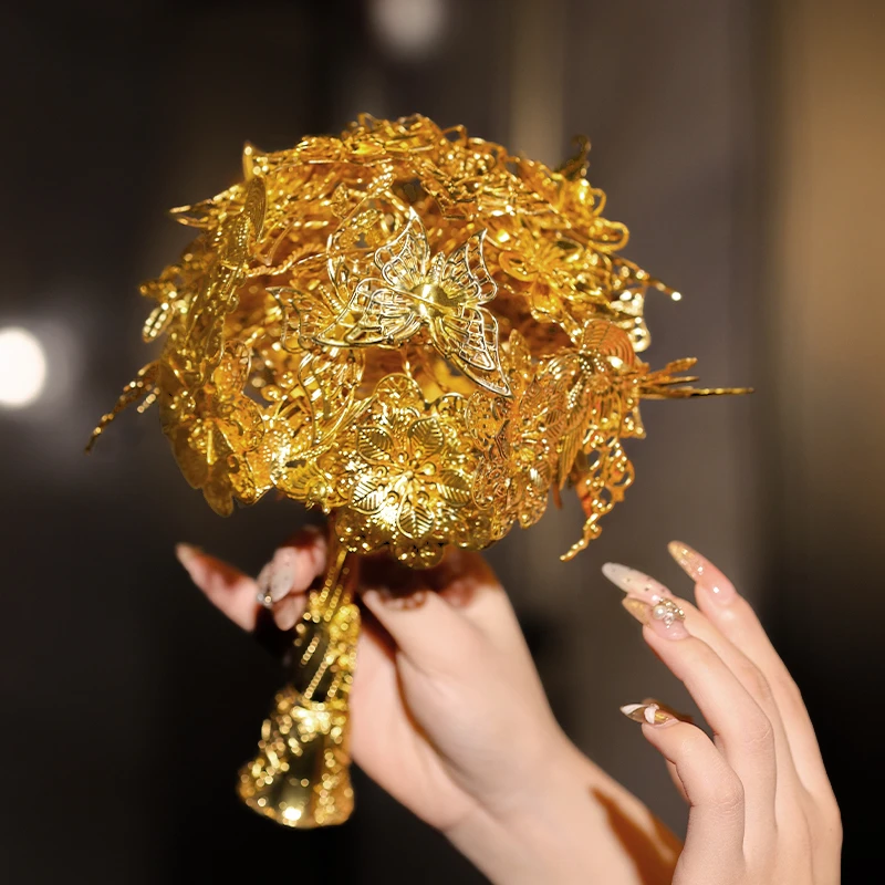 合金婚庆饰品 新娘配饰金色手捧花结婚中式婚礼新人礼物MT0170