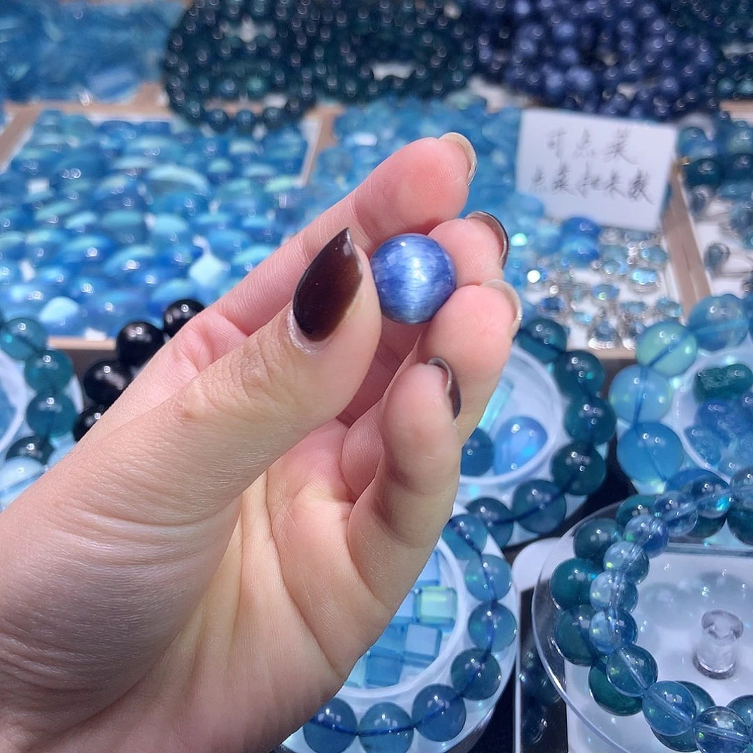 未镶嵌手串海蓝宝石猫眼蓝晶石12.6mm