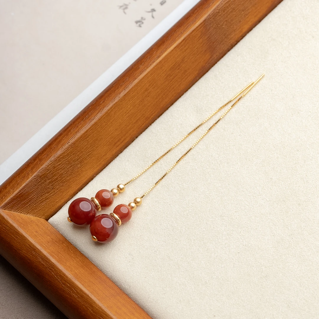 火焰纹南红925银葫芦耳环原创新中式文玩耳线款配饰