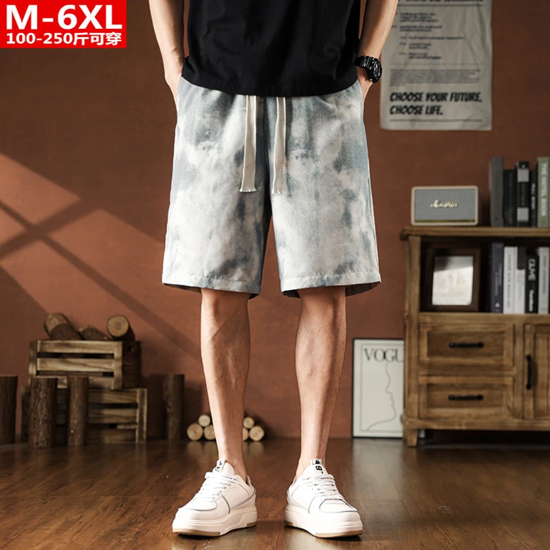 夏季潮流港风男装时尚印花五分中裤胖大码加肥宽松运动休闲短裤衩