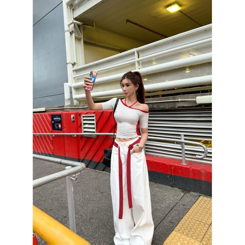 LI婉君【撞色明线裤】夏季美式复古设计感白色休闲裤LWJ25A1K861