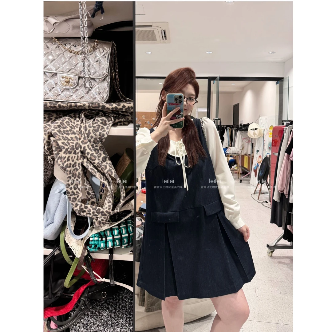 晶咕【稚气学妹！】韩系假两件圆领系带衬衫背心连衣裙