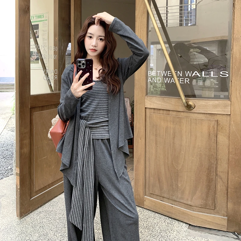 一整套ootd穿搭灰色挂脖收腰条纹背心开衫阔腿裤慵懒风套装三件套