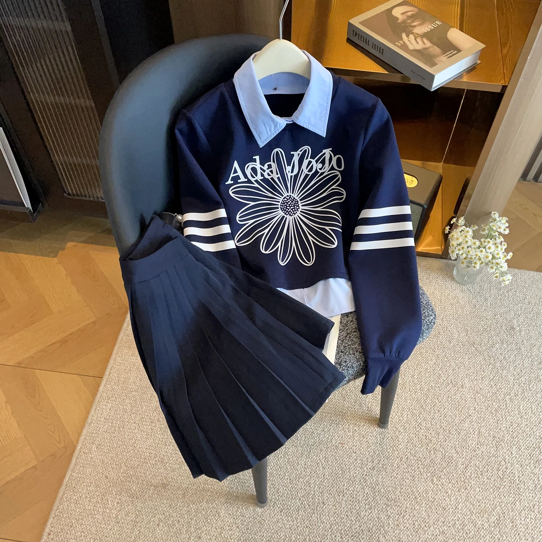 圆领小雏菊针织毛衣桃心长袖+百褶半身裙女DY9815