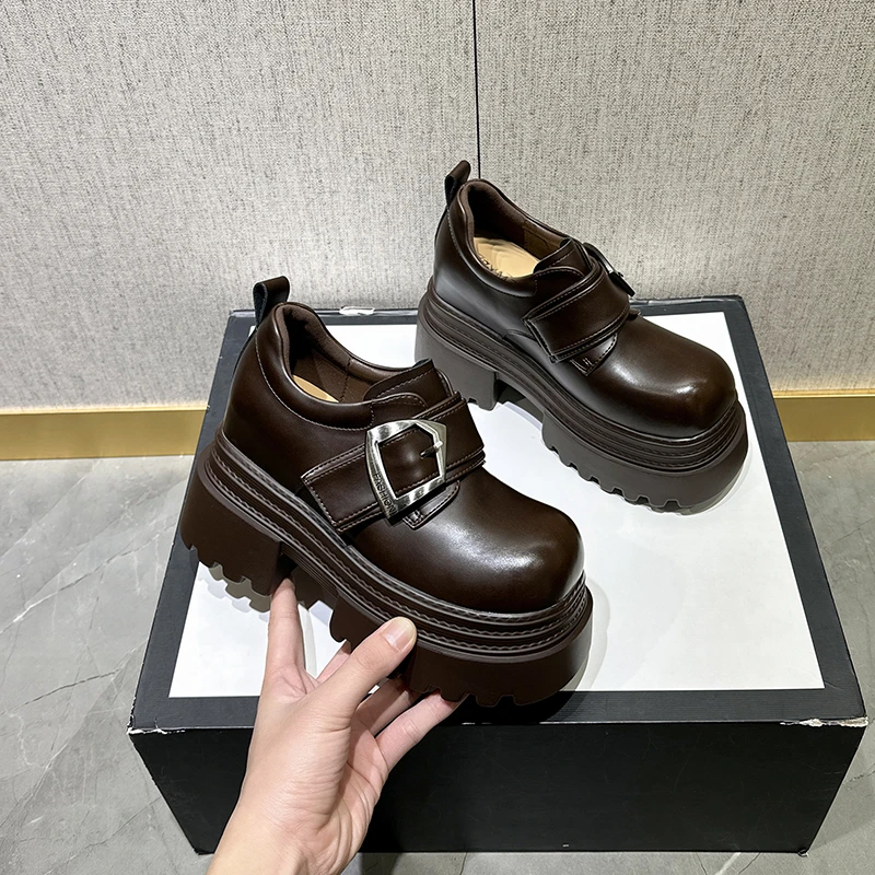 10cm超厚底小皮鞋女2025新款英伦风显瘦隐形增高跟乐福鞋女小个子