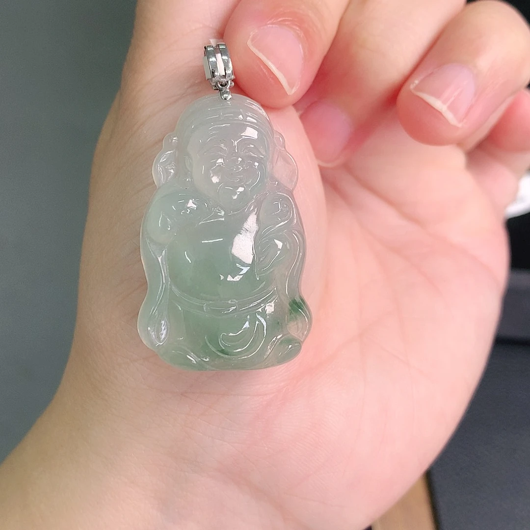 颈饰18K金镶嵌翡翠冰胶晴飘绿财神爷37-24-6