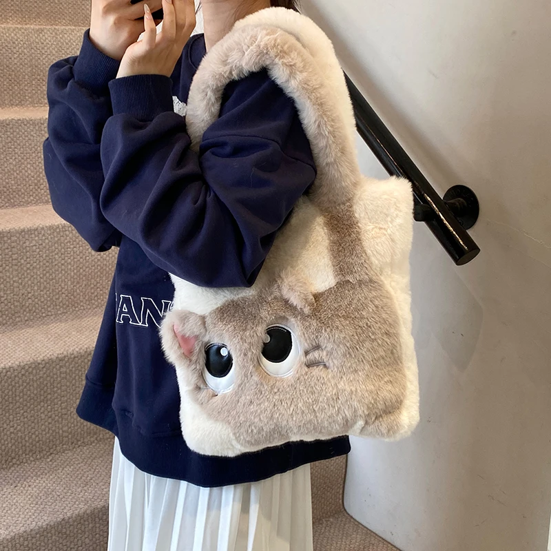 秋冬可爱猫咪毛绒包女2025新款大容量单肩毛毛包毛茸茸通勤托特包