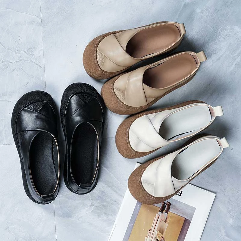 真皮女鞋2025春夏新款浅口圆头软底软面厚底休闲复古妈妈单鞋女