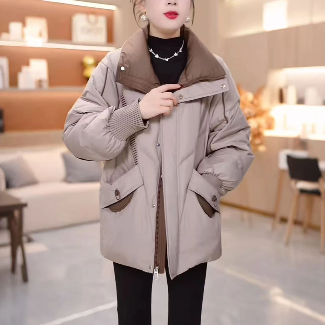 迷苏时尚拼接立领羽绒服女2025冬季新款宽松保暖白鸭绒休闲外套潮