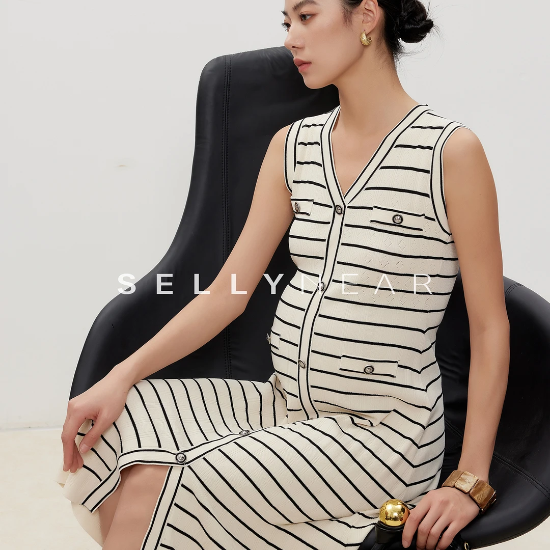 SELLYNEAR孕妇装夏季新款背心裙时尚修身显瘦v领针织条纹连衣裙