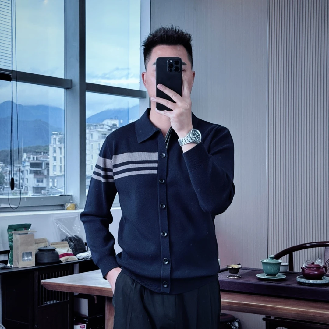 6136秋冬季新款男士通勤针织衫翻领衬衫百搭修身高品质时尚显瘦