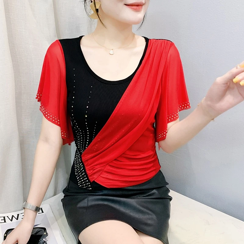 新款高端烫钻拼接荷叶边跳舞专用衣服女款洋气百搭显瘦舞服上衣