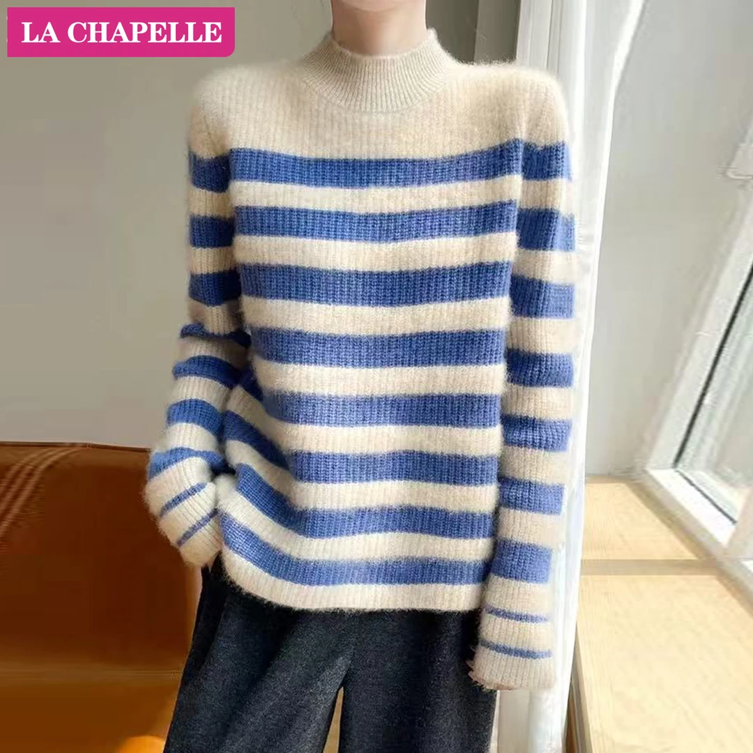 拉夏贝尔半高领条纹时尚毛衣女2026早春新款拼色提花加厚宽松上衣