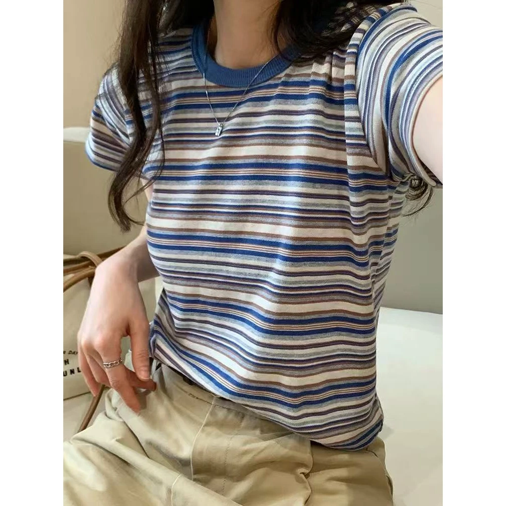 复古港风【云彩棉】韩版时尚气质复古蓝色条纹短袖t恤显瘦休闲25050