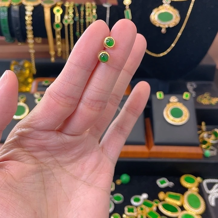 翡翠银S925镀金镶嵌耳饰