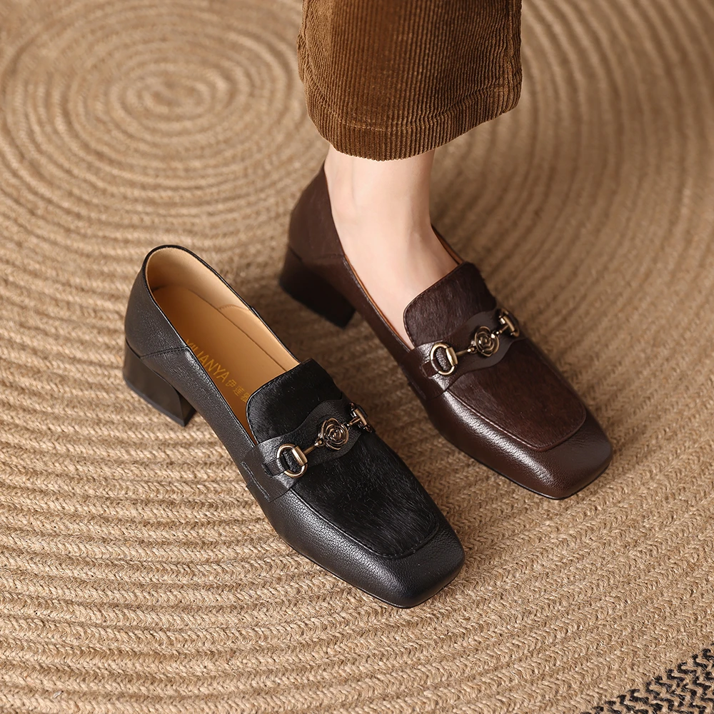 107-6单鞋春季新款粗跟方头复古真皮一脚蹬