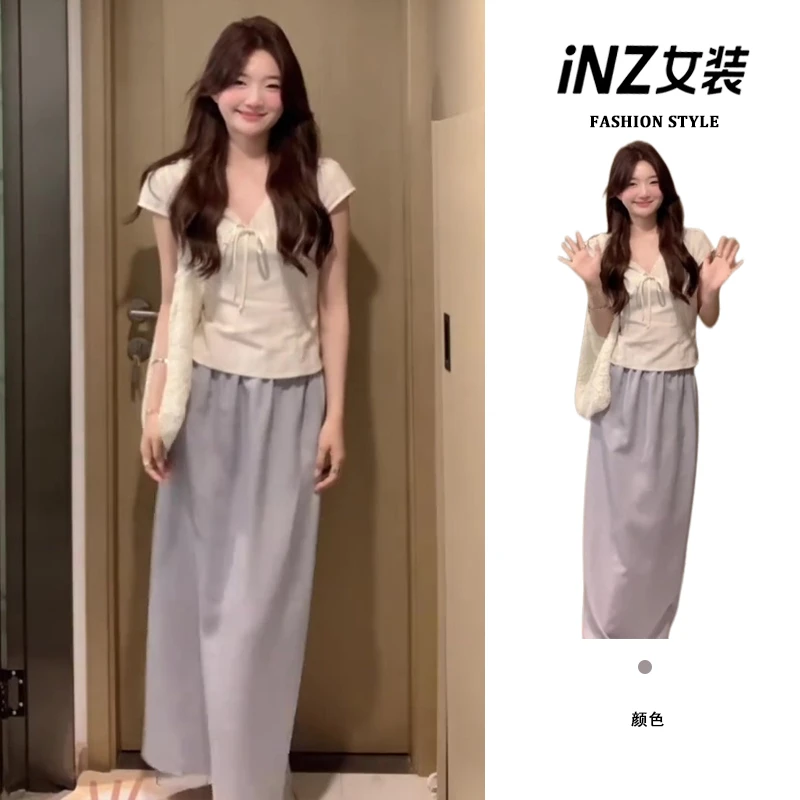 法式温柔风蝴蝶结系带V领短袖上衣女夏季高腰显瘦半身裙两件套ins