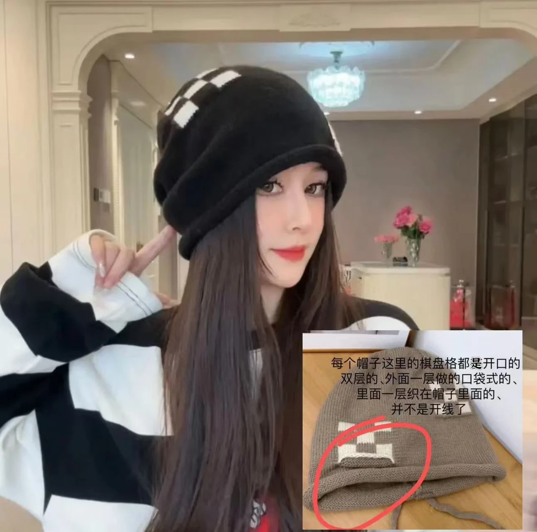 新款棋盘格卷边抽绳堆堆帽秋冬复古冷帽毛线帽护耳针织帽百搭时尚