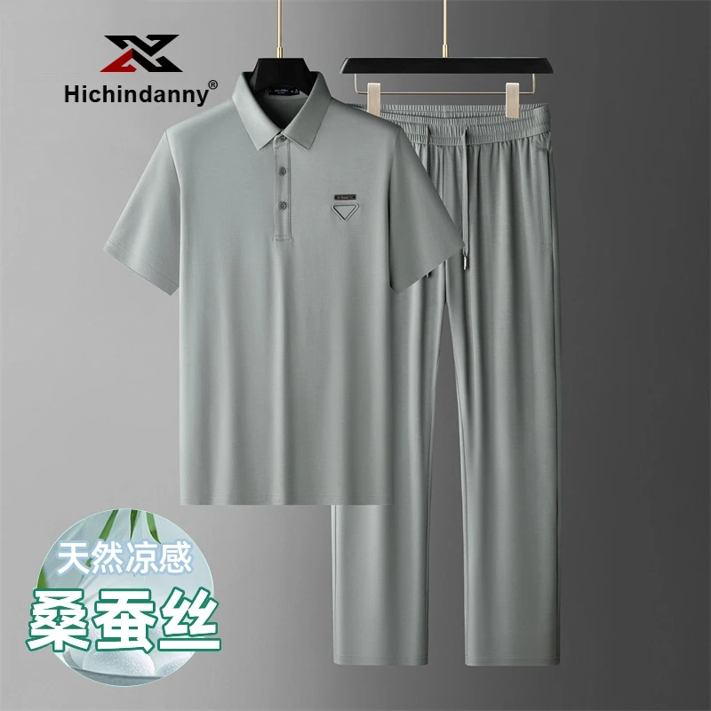 桑蚕丝速干休闲运动套装男夏季新款冰丝休闲薄款短袖polo衫两件套