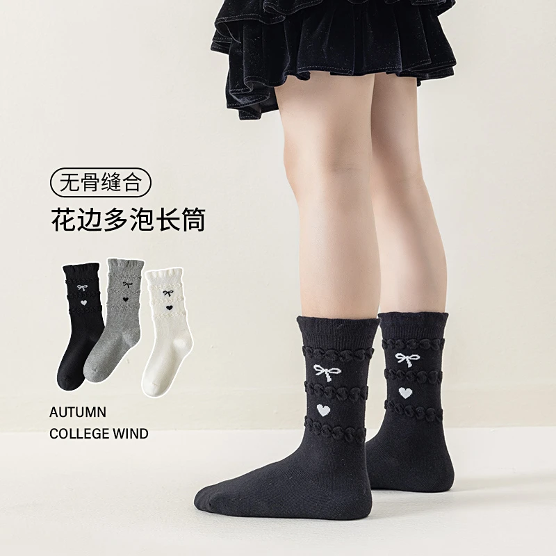 儿童袜秋季新品女童袜子ins甜美花边堆堆袜日系百搭黑色高筒袜