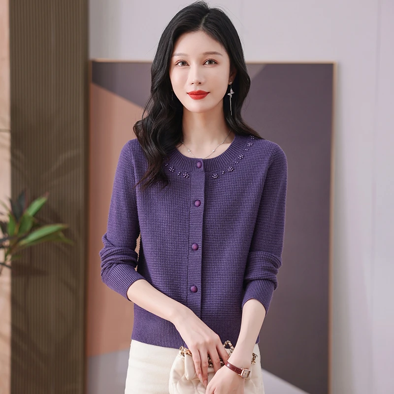 100%纯羊毛羊毛衫时尚针织开衫女2025秋冬款韩版圆领毛衣外套短款